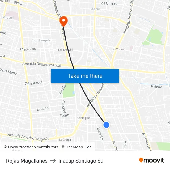 Rojas Magallanes to Inacap Santiago Sur map