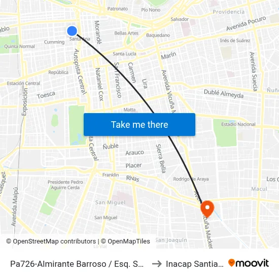 Pa726-Almirante Barroso / Esq. Santo Domingo to Inacap Santiago Sur map