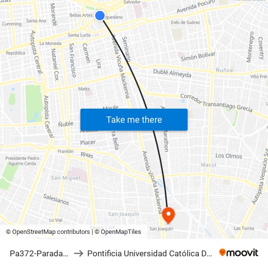 Pa372-Parada 8 / Plaza Italia to Pontificia Universidad Católica De Chile - Campus San Joaquín map