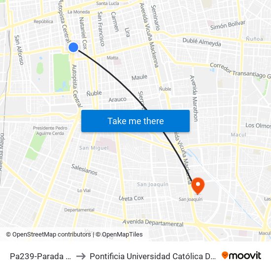 Pa239-Parada / Museo Militar to Pontificia Universidad Católica De Chile - Campus San Joaquín map