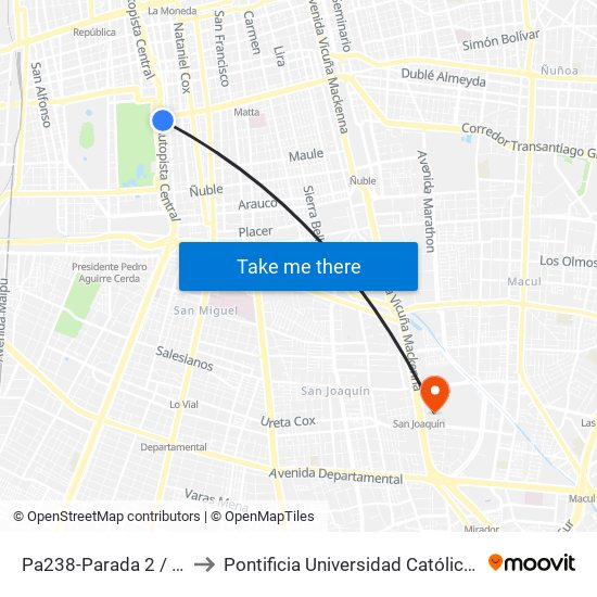 Pa238-Parada 2 / (M) Parque O'Higgins to Pontificia Universidad Católica De Chile - Campus San Joaquín map