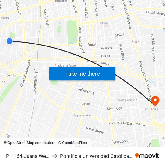 Pi1164-Juana Weber / Esq. Uspallata to Pontificia Universidad Católica De Chile - Campus San Joaquín map