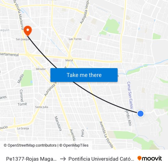 Pe1377-Rojas Magallanes / Esq. Las Nalcas Sur to Pontificia Universidad Católica De Chile - Campus San Joaquín map