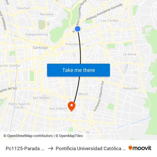 Pc1125-Parada / Costanera Center to Pontificia Universidad Católica De Chile - Campus San Joaquín map