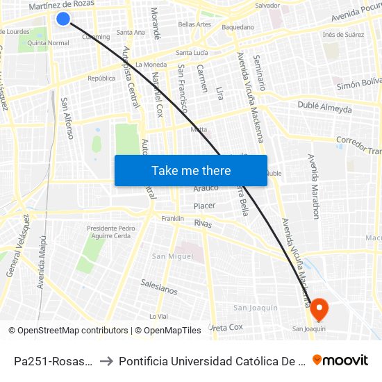 Pa251-Rosas / Esq. Maipú to Pontificia Universidad Católica De Chile - Campus San Joaquín map