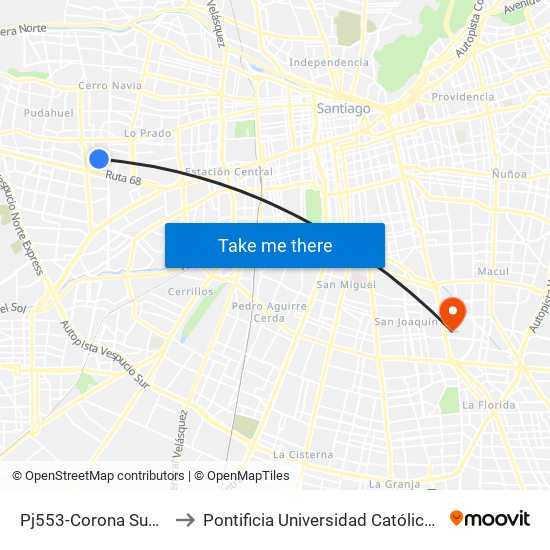 Pj553-Corona Sueca / Esq. Tupungato to Pontificia Universidad Católica De Chile - Campus San Joaquín map