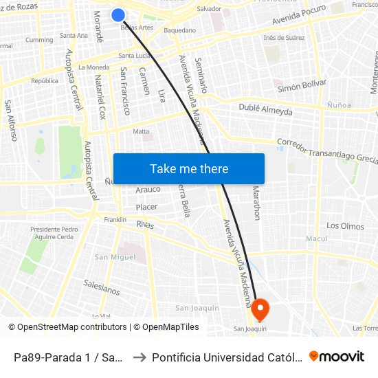 Pa89-Parada 1 / Santo Domingo - San Antonio to Pontificia Universidad Católica De Chile - Campus San Joaquín map