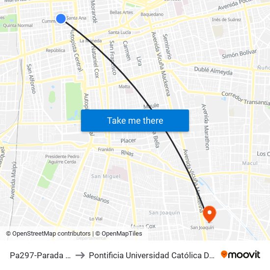 Pa297-Parada 1 / Plaza Brasil to Pontificia Universidad Católica De Chile - Campus San Joaquín map