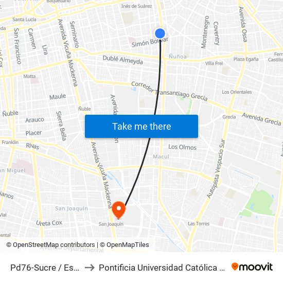 Pd76-Sucre / Esq. Avenida Suecia to Pontificia Universidad Católica De Chile - Campus San Joaquín map