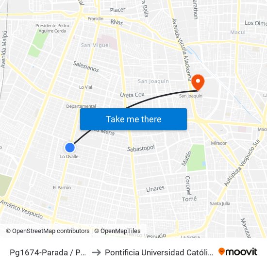 Pg1674-Parada / Paradero 18 Gran Avenida to Pontificia Universidad Católica De Chile - Campus San Joaquín map