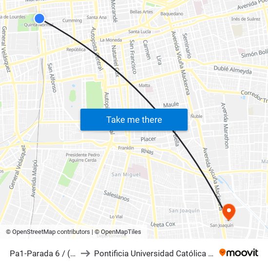 Pa1-Parada 6 / (M) Quinta Normal to Pontificia Universidad Católica De Chile - Campus San Joaquín map