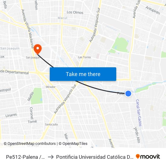 Pe512-Palena / Esq. Orompello to Pontificia Universidad Católica De Chile - Campus San Joaquín map