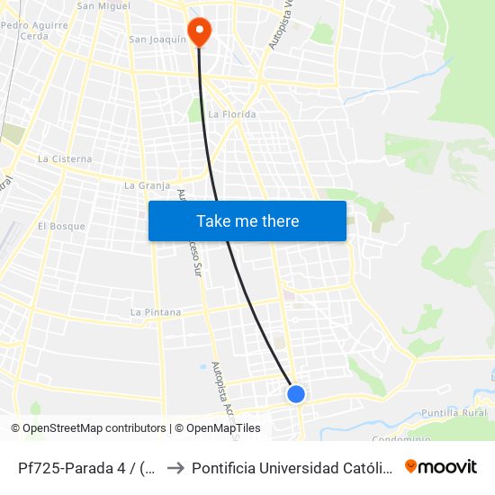 Pf725-Parada 4 / (M) Plaza De Puente Alto to Pontificia Universidad Católica De Chile - Campus San Joaquín map