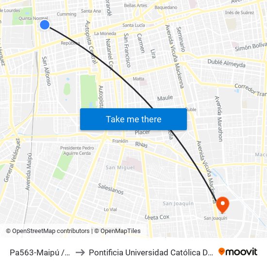 Pa563-Maipú / Esq. Agustinas to Pontificia Universidad Católica De Chile - Campus San Joaquín map