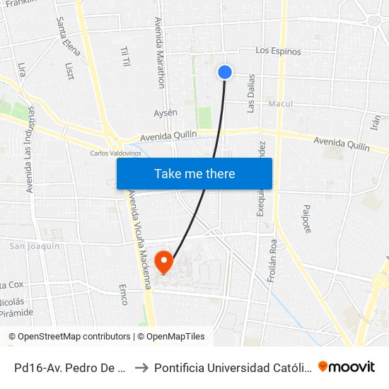 Pd16-Av. Pedro De Valdivia / Esq. Los Olmos to Pontificia Universidad Católica De Chile - Campus San Joaquín map