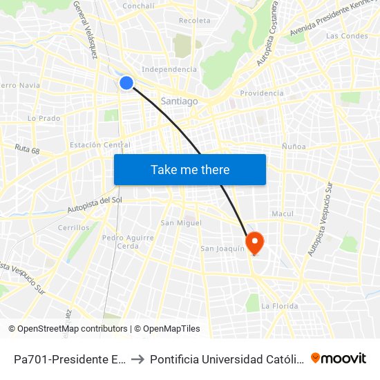 Pa701-Presidente Errázuriz / Esq. Esperanza to Pontificia Universidad Católica De Chile - Campus San Joaquín map