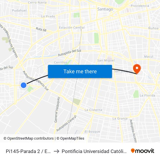 Pi145-Parada 2 / Estadio Santiago Bueras to Pontificia Universidad Católica De Chile - Campus San Joaquín map