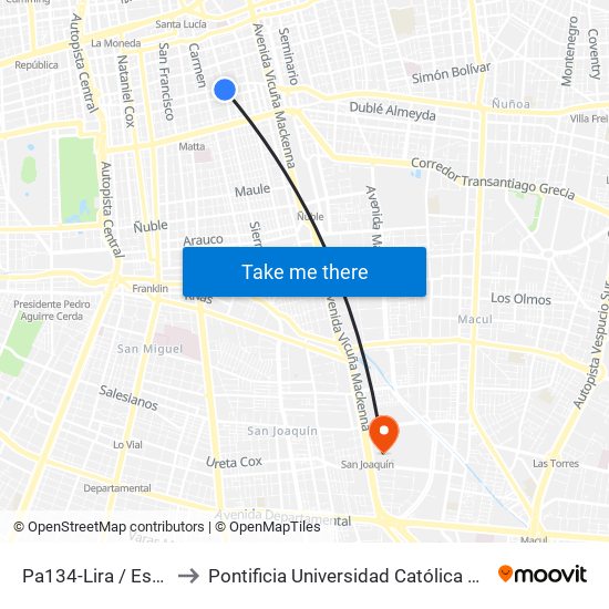 Pa134-Lira / Esq. Av. 10 De Julio to Pontificia Universidad Católica De Chile - Campus San Joaquín map