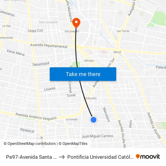 Pe97-Avenida Santa Raquel / Esq. Santa Amalia to Pontificia Universidad Católica De Chile - Campus San Joaquín map