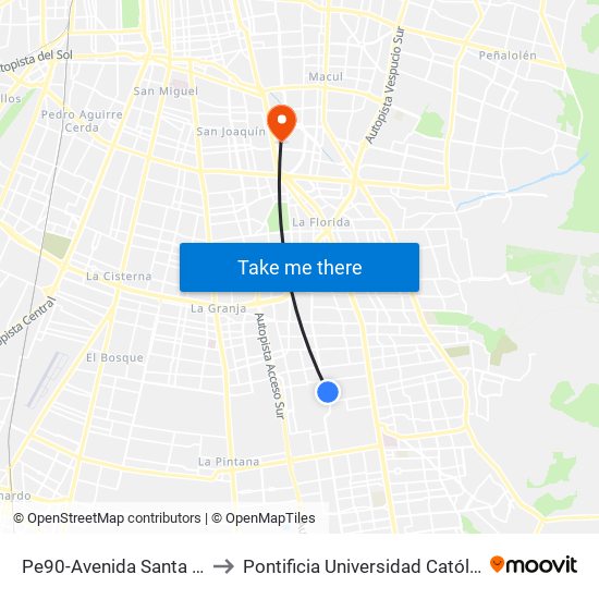 Pe90-Avenida Santa Raquel / Esq. Rafael Matus to Pontificia Universidad Católica De Chile - Campus San Joaquín map