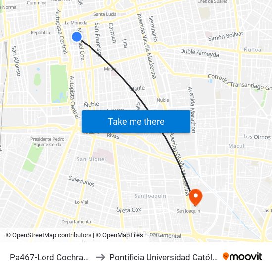 Pa467-Lord Cochrane / Esq. Eleuterio Ramírez to Pontificia Universidad Católica De Chile - Campus San Joaquín map