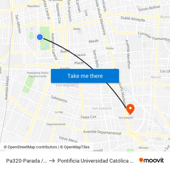 Pa320-Parada / Movistar Arena to Pontificia Universidad Católica De Chile - Campus San Joaquín map
