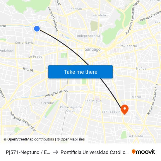 Pj571-Neptuno / Esq. Avenida Carrascal to Pontificia Universidad Católica De Chile - Campus San Joaquín map
