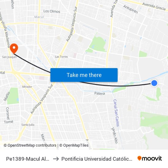 Pe1389-Macul Alto / Esq. Santa Sofía to Pontificia Universidad Católica De Chile - Campus San Joaquín map