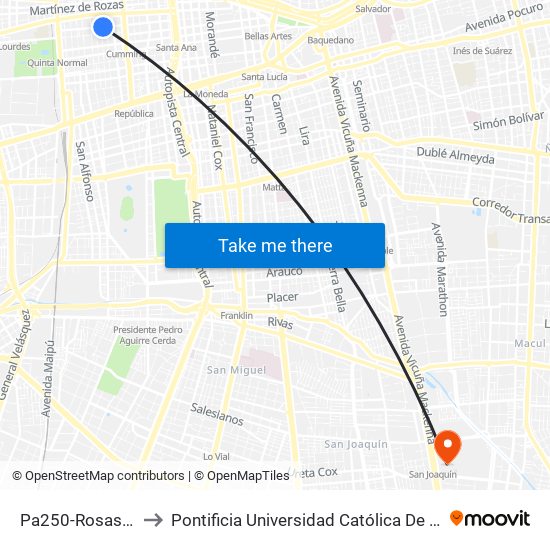 Pa250-Rosas / Esq. Cueto to Pontificia Universidad Católica De Chile - Campus San Joaquín map