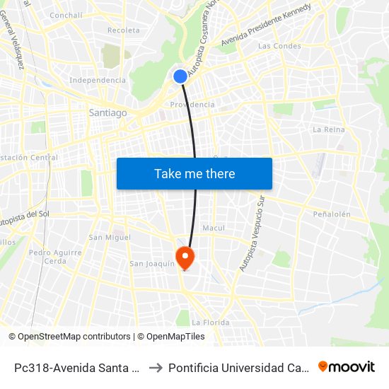 Pc318-Avenida Santa María / Esq. Av. Pedro De Valdivia to Pontificia Universidad Católica De Chile - Campus San Joaquín map