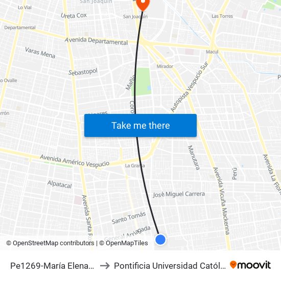 Pe1269-María Elena / Esq. Sta. T. De Los Andes to Pontificia Universidad Católica De Chile - Campus San Joaquín map