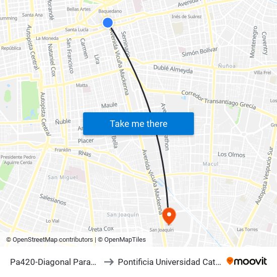 Pa420-Diagonal Paraguay / Esq. Av.Vicuña Mackenna to Pontificia Universidad Católica De Chile - Campus San Joaquín map