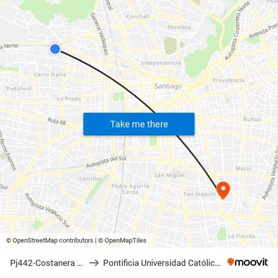 Pj442-Costanera Sur / Esq. Las Lumas to Pontificia Universidad Católica De Chile - Campus San Joaquín map