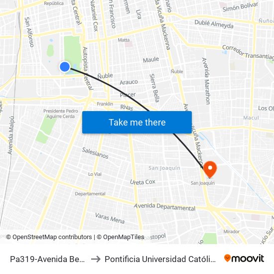 Pa319-Avenida Beaucheff / Esq. Marsella to Pontificia Universidad Católica De Chile - Campus San Joaquín map