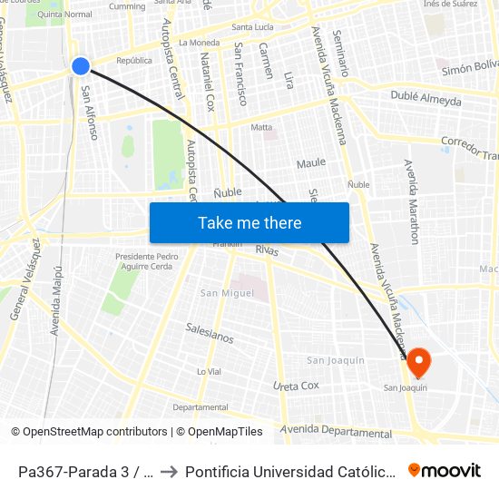 Pa367-Parada 3 / (M) Estación Central to Pontificia Universidad Católica De Chile - Campus San Joaquín map