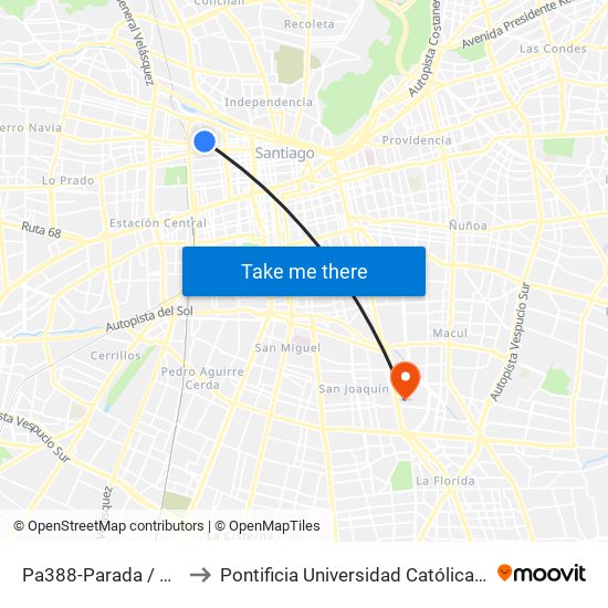 Pa388-Parada / Población Mapocho to Pontificia Universidad Católica De Chile - Campus San Joaquín map