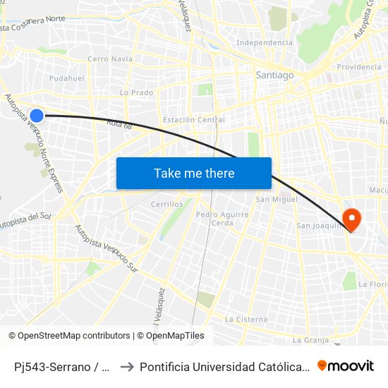Pj543-Serrano / Esq. Papa San Sixto to Pontificia Universidad Católica De Chile - Campus San Joaquín map