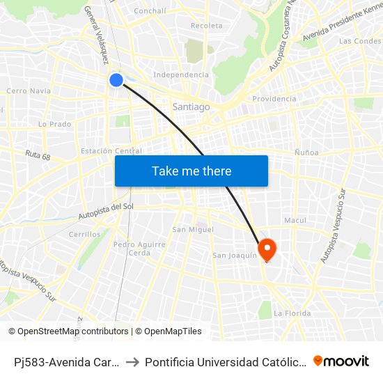 Pj583-Avenida Carrascal / Esq. Villasana to Pontificia Universidad Católica De Chile - Campus San Joaquín map
