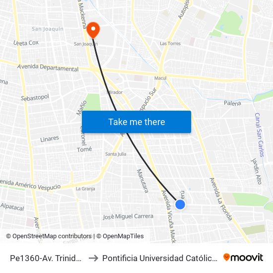Pe1360-Av. Trinidad Oriente / Esq. Perú to Pontificia Universidad Católica De Chile - Campus San Joaquín map