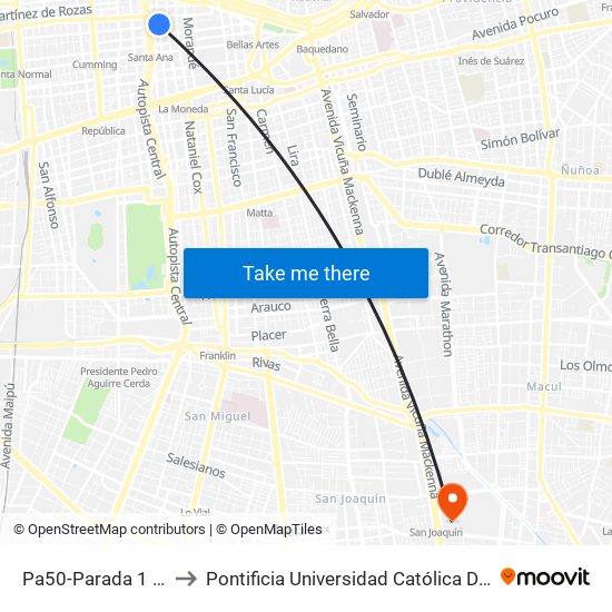 Pa50-Parada 1 / Teatro Teletón to Pontificia Universidad Católica De Chile - Campus San Joaquín map