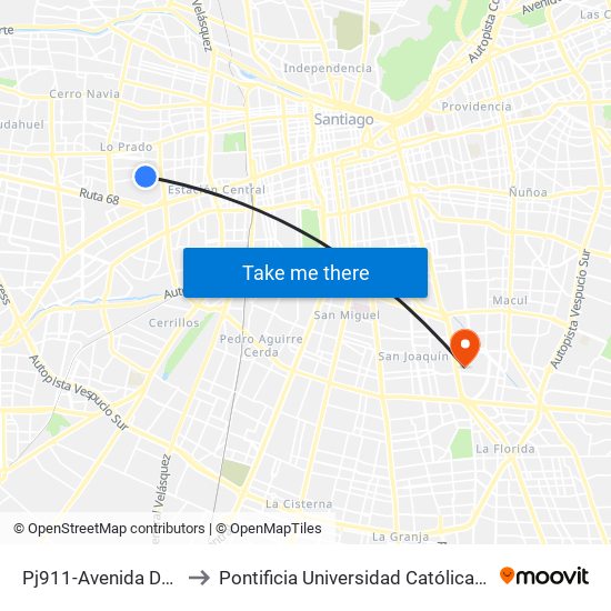 Pj911-Avenida Dorsal / Esq. España to Pontificia Universidad Católica De Chile - Campus San Joaquín map