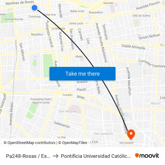 Pa248-Rosas / Esq. Ricardo Cumming to Pontificia Universidad Católica De Chile - Campus San Joaquín map