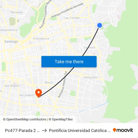 Pc477-Parada 2 / Hospital Dipreca to Pontificia Universidad Católica De Chile - Campus San Joaquín map