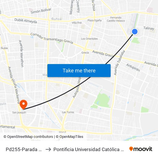 Pd255-Parada / Lider - La Reina to Pontificia Universidad Católica De Chile - Campus San Joaquín map