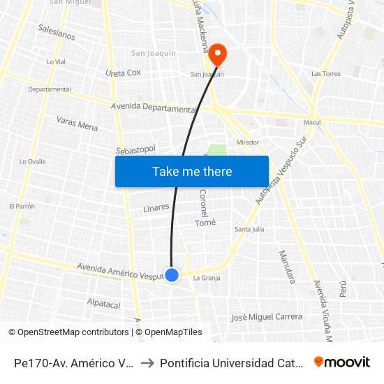 Pe170-Av. Américo Vespucio / Esq. Laguna Blanca to Pontificia Universidad Católica De Chile - Campus San Joaquín map