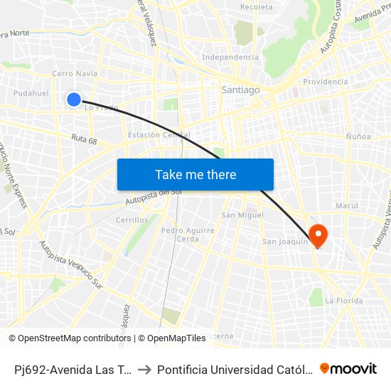 Pj692-Avenida Las Torres / Esq. Los Copihues to Pontificia Universidad Católica De Chile - Campus San Joaquín map