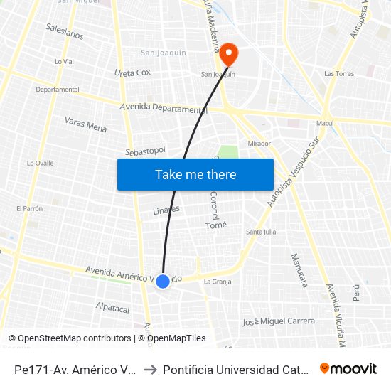 Pe171-Av. Américo Vespucio / Esq. Av. Santa Rosa to Pontificia Universidad Católica De Chile - Campus San Joaquín map