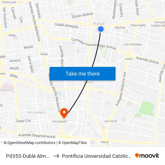 Pd353-Dublé Almeyda / Esq. Brown Sur to Pontificia Universidad Católica De Chile - Campus San Joaquín map
