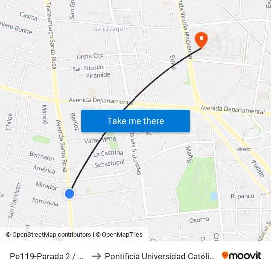 Pe119-Parada 2 / Paradero 18 Santa Rosa to Pontificia Universidad Católica De Chile - Campus San Joaquín map