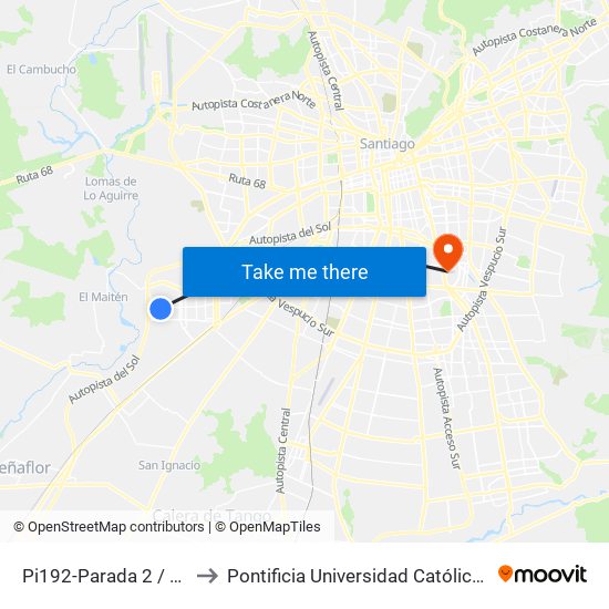 Pi192-Parada 2 / Liceo Nacional Maipú to Pontificia Universidad Católica De Chile - Campus San Joaquín map